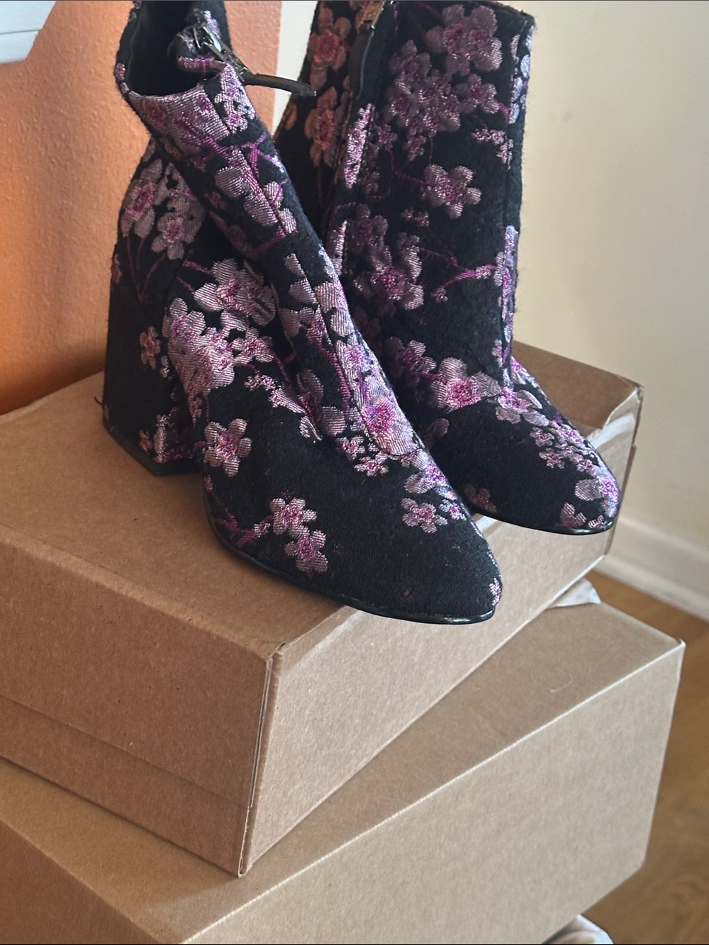 Sam Edelman Black Ankle Boots with Pink Floral Embroidery